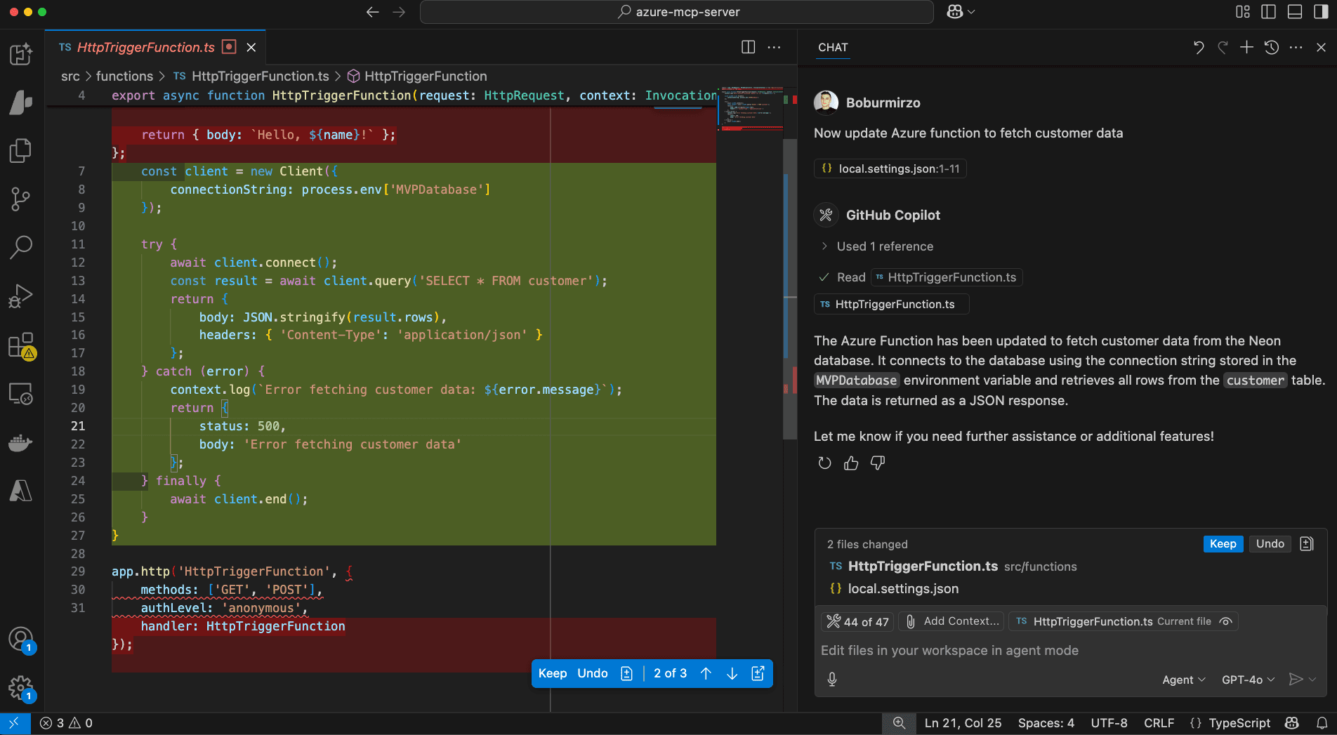Update Azure Functions in GitHub Copilot