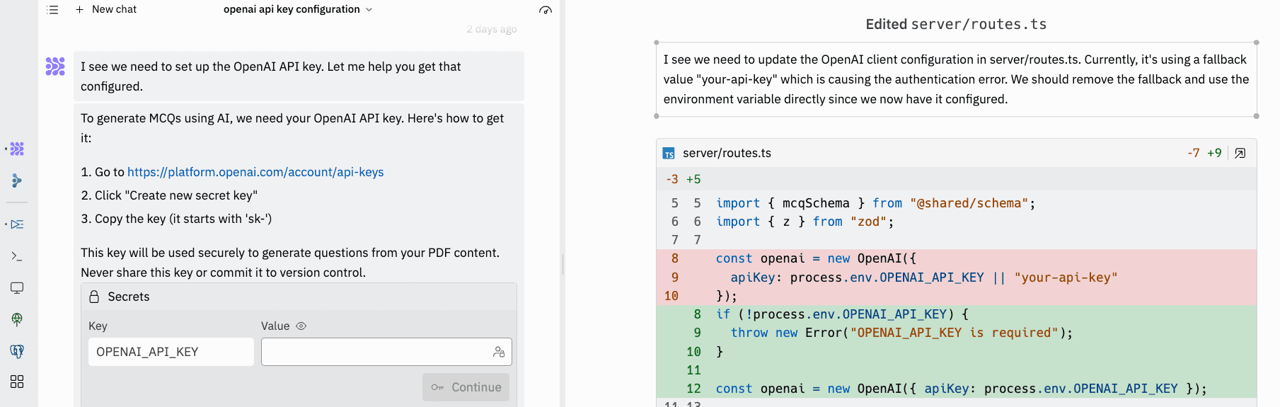 Replit Agent OpenAI API key prompt